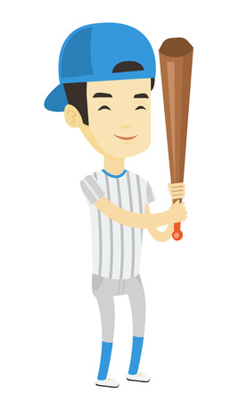 Full length of young smiling asian baseball player wearing uniform. Baseball player standing with bat. Cheerful baseball player in action. Vector flat design illustration isolated on white background.のイラスト素材