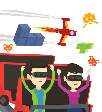 Asian friends in virtual reality glasses having fun in virtual amusement park. Friends in virtual reality headset riding on roller coaster. Vector flat design illustration isolated on white backgroundのイラスト素材