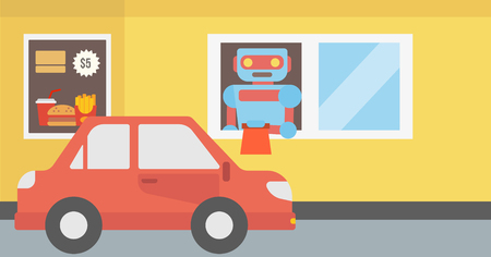 Robotic worker of fast food restaurant giving an order to a customer in car. Car driving to the window of fast food restaurant where works robot. Vector flat design illustration. Horizontal layout.のイラスト素材