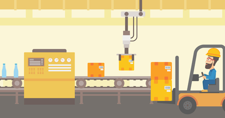 Robotic arm raises cardboard boxes and stacks them on forklift truck. Automated robotic production line for packaging of bottles in cardboard boxes. Vector flat design illustration. Horizontal layout.のイラスト素材