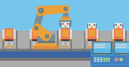 Factory production line with toy people. Automated robotic production line for assembly of toys. Robotic arm working on toy factory production line. Vector flat design illustration. Horizontal layout.のイラスト素材
