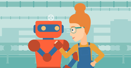 Robot wrestling with factory worker on the background of conveyor belt in workshop. Concept of competition between artificial intelligence and human. Vector flat design illustration. Horizontal layoutのイラスト素材