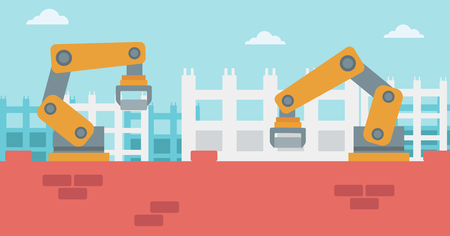 Robotic arm working on the construction site. Robotic arm building skyscrapers. Concept of the use of robotic technologies in construction industry. Vector flat design illustration. Horizontal layout.のイラスト素材