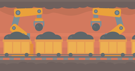 Robotic arm working in a coal mine. Robotic arm loading coal in trolleys in a coal mine. Concept of the use of robotic technology in mine industry. Vector flat design illustration. Horizontal layout.のイラスト素材