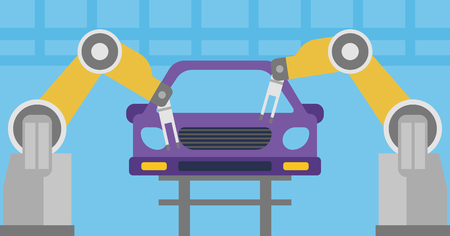 Robotic arm working on a conveyor for assembly of cars. Robotic arm welding car in a production line. Robotic arm assembling car in assembly shop. Vector flat design illustration. Horizontal layout.のイラスト素材