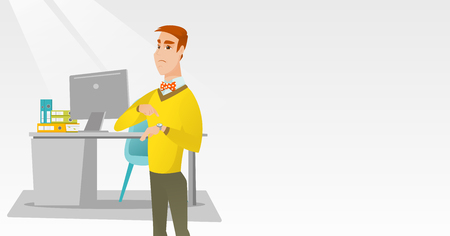 Angry businessman pointing at wrist watch.のイラスト素材