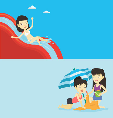 Two travel banners with space for text. Vector flat design. Horizontal layout. Woman riding down a waterslide at aquapark. Woman having fun on a water slide in waterpark. Girl going down a water slideのイラスト素材