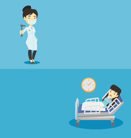 Two medical banners with space for text. Vector flat design. Horizontal layout. Asian ear nose throat doctor holding medical tool. Young doctor showing tools used for examination of ear, nose, throat.のイラスト素材