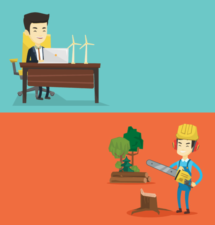 Two ecology banners with space for text. Vector flat design. Horizontal layout. Asian engineer working on laptop. Engineer projecting wind turbines in his office. Man working with model wind turbines.のイラスト素材