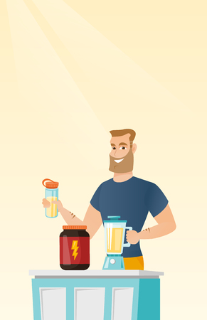 Young man making protein cocktail.のイラスト素材