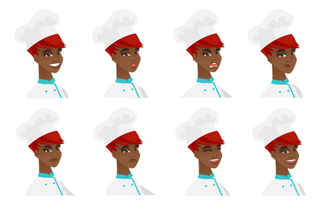 African chef-cooker with angry face expression. Portrait of young angry chef-cooker. Set of chef-cooker with different facial emotions. Vector flat design illustrations isolated on white background.のイラスト素材