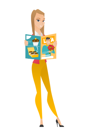 Successful caucasian business woman reading a magazine. Young business woman holding magazine.Full length of business woman with magazine. Vector flat design illustration isolated on white background.のイラスト素材