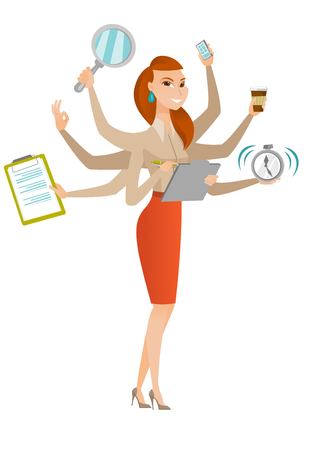 Young business woman with many legs and hands coping with multitasking. Business woman doing multiple tasks. Multitasking business person. Vector flat design illustration isolated on white background.のイラスト素材