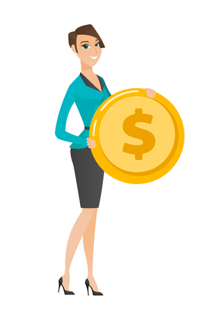 Caucasian successful business woman with golden coin in hands. Successful business woman holding golden coin. Business success concept. Vector flat design illustration isolated on white background.のイラスト素材