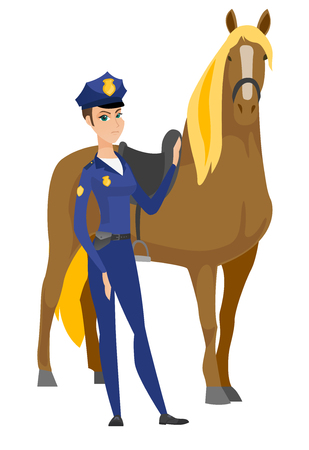 Caucasian female police officer and horse.のイラスト素材