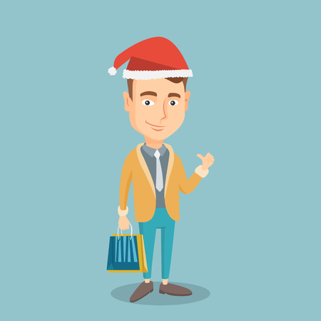 Young man in santa hat holding shopping bags. Caucasian man carrying shopping bags. Man with a lot of shopping bags.のイラスト素材