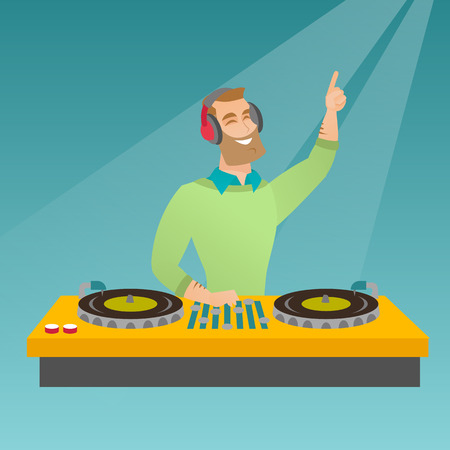 Young hipster DJ with beard mixing music on the turntables. DJ playing and mixing music on the deck. Caucasian DJ in headphones mixing music at a party. Vector flat design illustration. Square layout.のイラスト素材