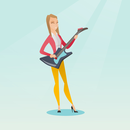 Young caucasian musician playing the electric guitar. Woman practicing in playing the guitar. Guitarist with closed eyes playing music on the guitar. Vector flat design illustration. Square layout.のイラスト素材