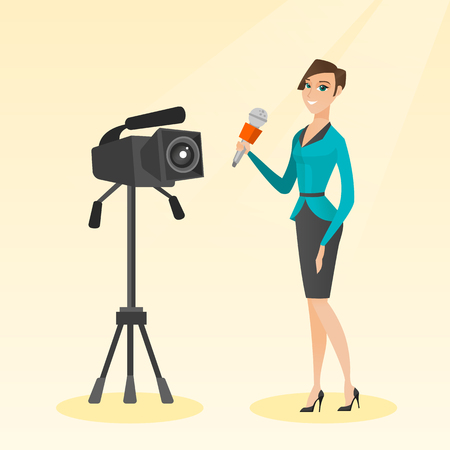 Caucasian reporter standing with a microphone on the background of a camera. Young smiling TV reporter presenting news. TV transmission with a reporter. Vector flat design illustration. Square layout.のイラスト素材
