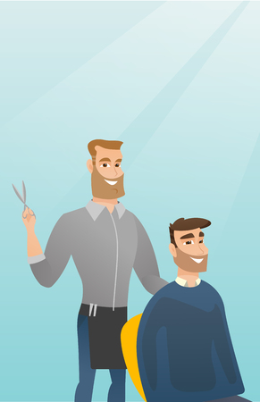 Barber cutting hair of young hipster man with beard at barbershop. Professional barber making haircut to a male client with scissors in barbershop. Vector flat design illustration. Vertical layout.のイラスト素材