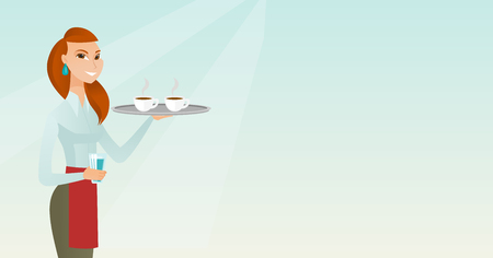 Young caucasian waitress holding a tray with two cups of tea or coffee and a glass of water. Waitress standing with a tray with cups of hot coffee. Vector flat design illustration. Horizontal layout.のイラスト素材