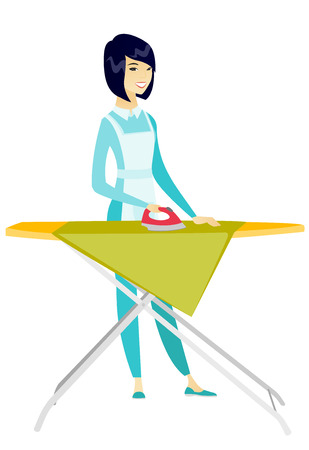 Asian maid ironing clothes on ironing board.のイラスト素材