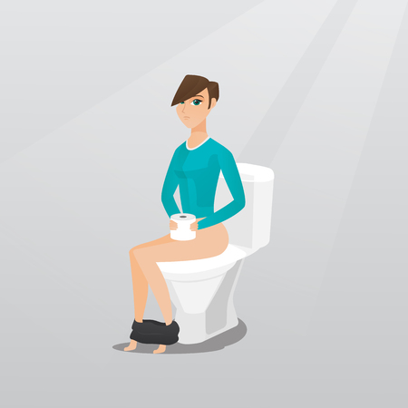 Caucasian woman sitting on toilet bowl and suffering from diarrhea. Woman holding toilet paper roll and suffering from diarrhea. Girl sick with diarrhea. Vector flat design illustration. Square layoutのイラスト素材