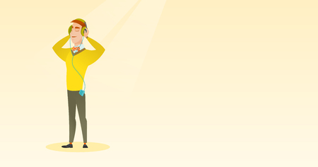 Man listening to music from his smartphone. Young caucasian man in headphones listening to music. Relaxed man with closed eyes enjoying music. Vector flat design illustration. Horizontal layout.のイラスト素材
