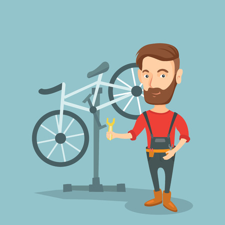 Caucasian hipster man with beard working in bike workshop. Technician fixing bicycle in repair shop. Bicycle mechanic repairing bicycle. Vector flat design illustration. Square layout.のイラスト素材