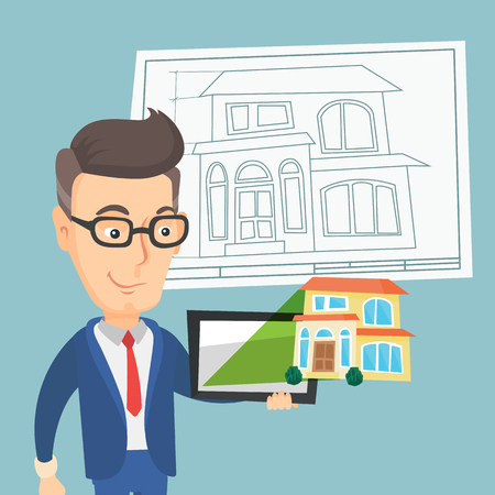 Caucasian real estate agent showing a house photo on a tablet computer.のイラスト素材