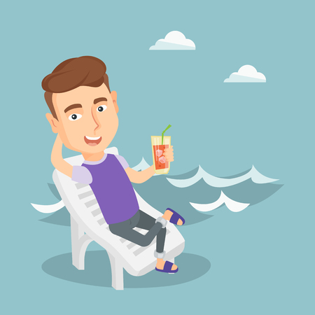 Joyful man sitting on a chaise longue on the beach. Happy man drinking a cocktail on the beach. Excited caucasian man resting with cocktail on the beach. Vector flat design illustration. Square layoutのイラスト素材