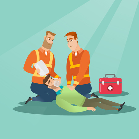 Caucasian paramedics doing cardiopulmonary resuscitation of a man.のイラスト素材