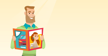 Caucasian man reading a magazine. Young man standing with a magazine in hands. Hipster man holding a magazine. Happy man reading news in a magazine. Vector flat design illustration. Horizontal layout.のイラスト素材