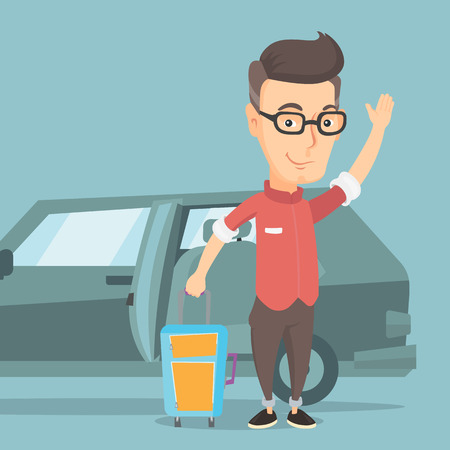 Man traveling by car. Man waving in front of car.のイラスト素材
