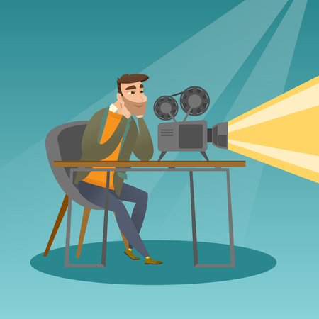Hipster man with beard sitting near a film projector in the room of projectionist.のイラスト素材