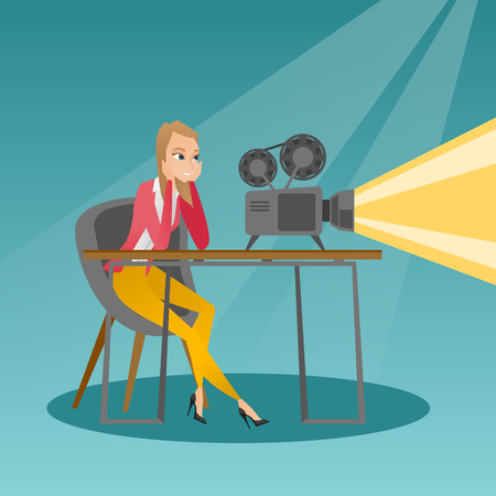 Woman sitting near a film projector in the room of projectionist.のイラスト素材