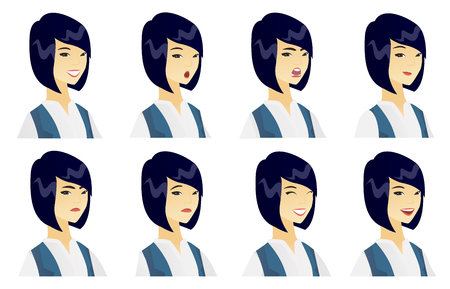 Asian business woman thinking. Young business woman thinking and looking to the side. Set of business women with different emotions. Vector flat design illustrations isolated on white background.のイラスト素材