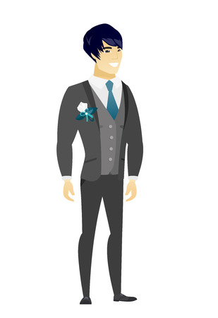 Young asian confident groom in a wedding suit. Full length of smiling confident groom. Groom standing in a pose signifying confidence. Vector flat design illustration isolated on white background.のイラスト素材