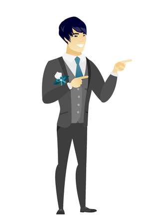 Young asian fiance in a wedding suit pointing to the side. Fiance pointing his finger to the side. Fiance pointing to the right side. Vector flat design illustration isolated on white background.のイラスト素材
