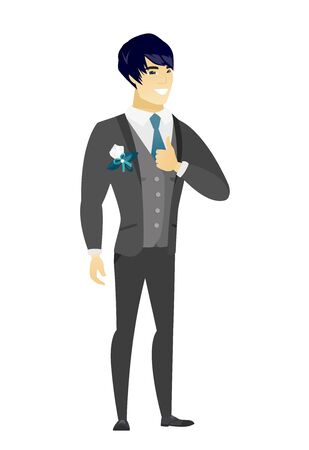 Young asian bridegroom in a wedding suit giving thumb up. Full length of bridegroom with thumb up. Cheerful bridegroom showing thumb up. Vector flat design illustration isolated on white background.のイラスト素材