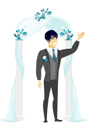 Happy groom standing under the arch decorated with flowers. Young asian groom waiting for a bride under the wedding arch. Vector flat design illustration isolated on white background.のイラスト素材