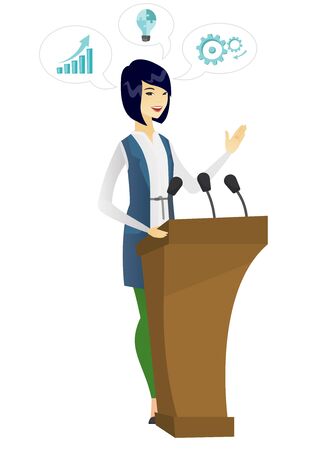 Politician speaking to audience from tribune. Politician giving speech from tribune. Politician standings behind tribune with microphones. Vector flat design illustration isolated on white background.のイラスト素材