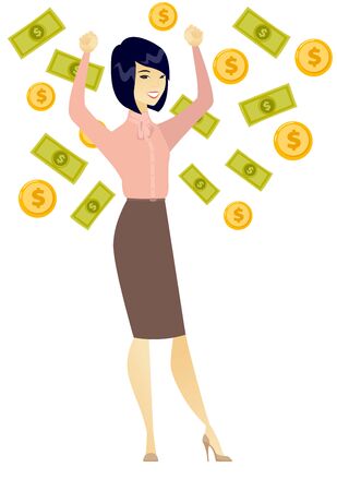 Asian happy successful business woman standing with raised hands under money rain. Young excited business woman enjoying a rain of money. Vector flat design illustration isolated on white background.のイラスト素材