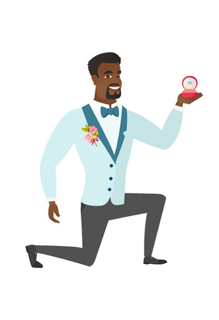 African-american smiling groom holding a red gift box with a diamond ring. Young happy groom kneeling and holding wedding ring in a box. Vector flat design illustration isolated on white background.のイラスト素材