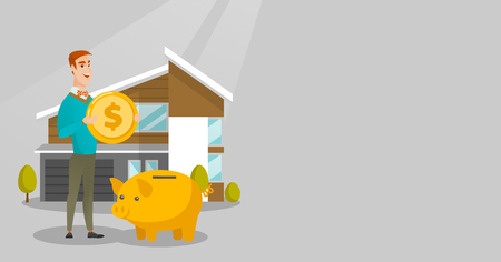 Man saving money in piggy bank for buying house.のイラスト素材