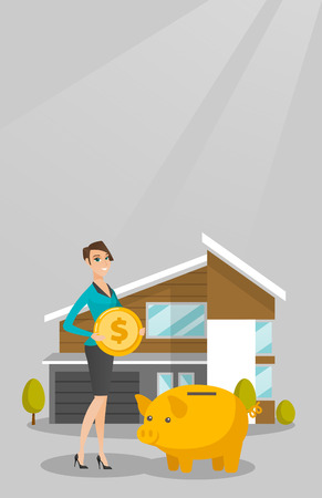 Woman saving money in piggy bank for buying house.のイラスト素材