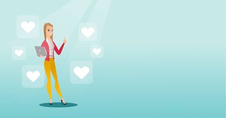 Woman with laptop and heart icons.のイラスト素材