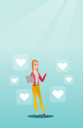 Woman with laptop and heart icons.のイラスト素材