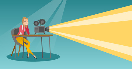 Caucasian projectionist showing a new film.のイラスト素材