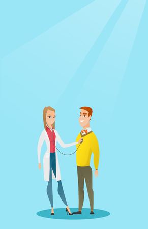 Young caucasian doctor listening to the chest of a patient with a stethoscope Patient visiting a doctor Doctor examining chest of a female patient; Vector flat design illustration Vertical layout.のイラスト素材